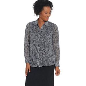 Joan Rivers Women Gray Floral Paisley Ruffle Long Sleeve Dress Shirt Size 10